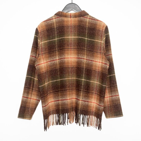 SOLD - Vintage Brown Green Wool-Blend Plaid Fringed Shirt Jacket Norton Studio - Picture 3 of 12